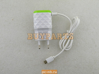 Блок питания 1A для смартфонов с кабелем microUSB и двумя выходами USB 1A (Бело-зелёный)
